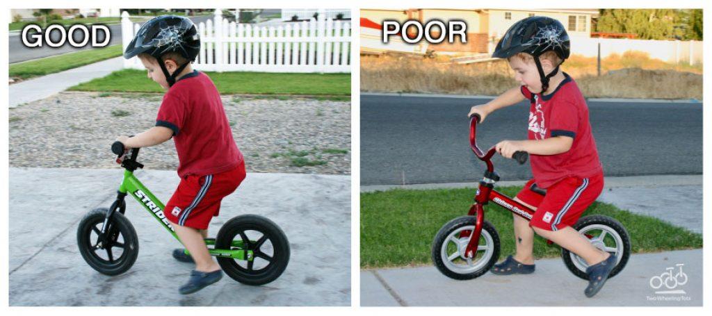 Vergelijking van een goede en een minder goede zadelpositie op een loopfiets