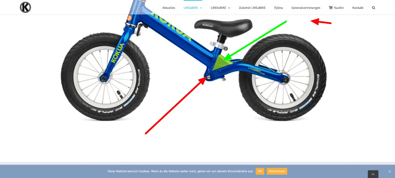 Loopfiets met pijlen die de wielbasis en de cockpit-afstand van frame, stuur en zadel aanwijzen