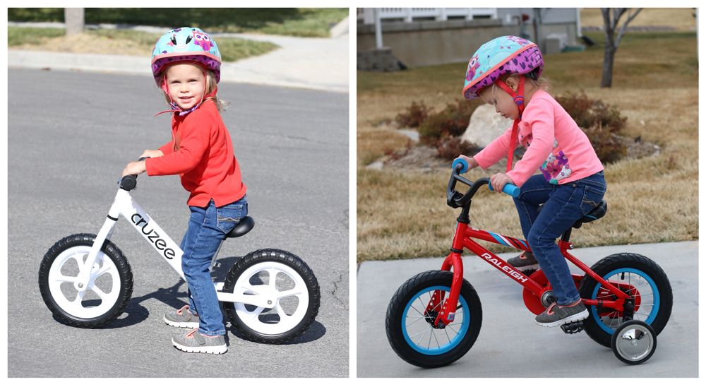 Tweeluik: meisje op een witte Cruzee loopfiets naast dezelfde foto van het meisje op een rode kinderfiets met zijwieltjes